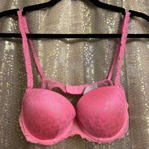 Vintage Y2K PINK Victorias Secret Hot Pink Metallic Cheetah Flirt Push Up Bra 34